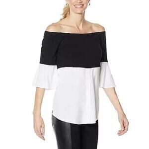 Colleen Lopez Off the Shoulder Color Block Pullover Top Black White Size 3X New!